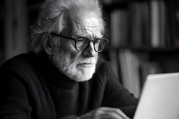 Senior man in a cozy cafe, focused on working with a laptop, symbolizing active aging and digital literacy.
