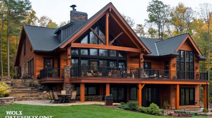 Modern log cabin with a large deck and patio area, surrounded by fall foliage.