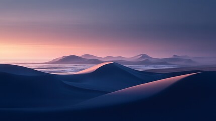 The smooth desert dunes dramatically meeting the ocean shore at twilight.