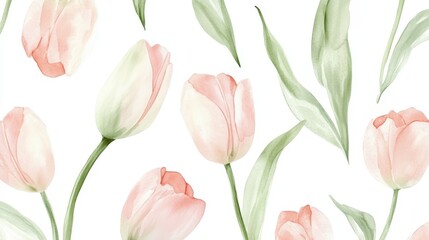 A floral pattern featuring soft pink tulips and green leaves on a white background.