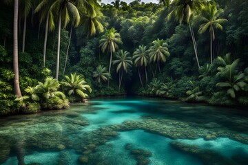 A tropical lagoon with crystal clear water surrounded by dense jungle and towering palm trees, Ai Generated