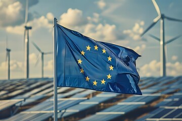 EU flag on the background of wind engines and solar panels, alternative eco-friendly energy sources, renewable energy