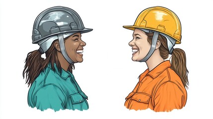 Two Smiling Women in Hard Hats, Construction Workers, Teamwork, Joyful