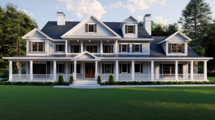 Obraz premium A large, two-story, white, wood-sided house with black shutters and a porch surrounded by trees and green grass.