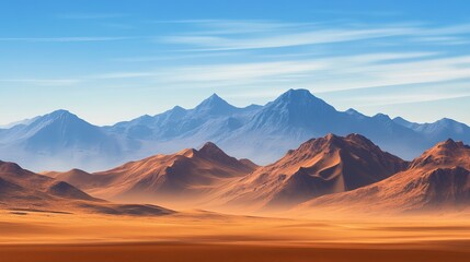 Brown desert landscape with mountains under blue sky, To convey a sense of vastness and aridness in a visually appealing way, suitable for travel,