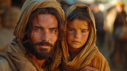 Jesus lovingly and tenderly taking care of a children