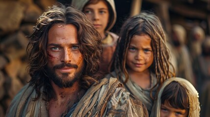 Jesus lovingly and tenderly taking care of a children