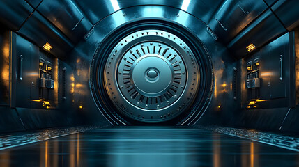 Fototapeta premium Futuristic metallic corridor with a large vault door.