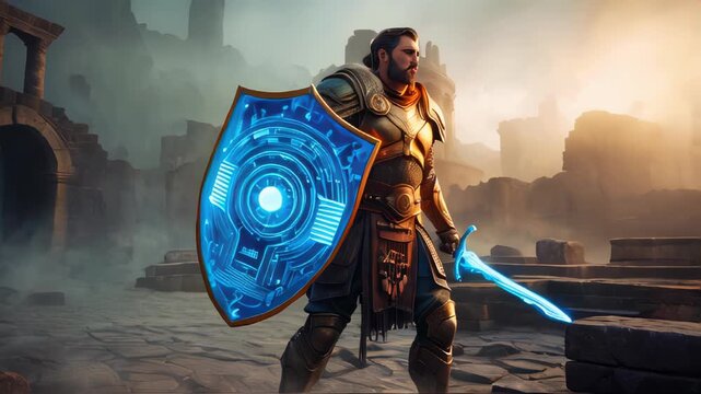 superhero from a computer game with military gear. character with sword and shield going to fight. pumped up, handsome man in harness