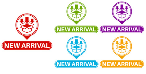 set trendy colorful new arrival icon sign. comes new product labels template sticker design vector illustration