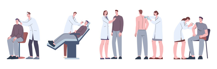 Fototapeta premium Man at doctors. Medical check up for army job police or vaccination. Preparation for surgery or travel. Young guy in hospital vector scenes