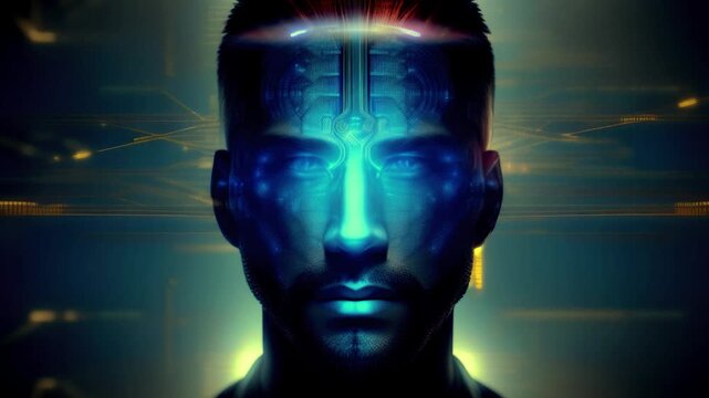  Cybernetic Human AI Interface Glowing Blue Technology Concept Digital Neural Network Enhanced Intelligence Male Cyberpunk Sci-Fi Vision Virtual Reality Innovation Cyborg Headshot