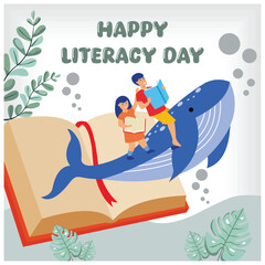 Happy Literacy Day. Concept of Children Imagination, Reading Books Becomes an Adventure of Fantasy and Imagination. Flat vector modern illustration