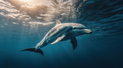 Dolphin Swimming Underwater with Sunbeams and Bubbles