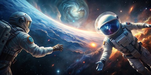 5K Realistic 3D Illustration of Astronauts Touching Hands in Deep Space