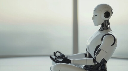 Fototapeta premium A humanoid robot in a meditative pose embodies the fusion of advanced technology and mindfulness, reflecting a tranquil balance between innovation and inner peace, photo
