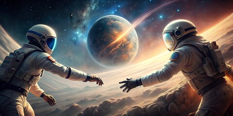 5K Realistic 3D Illustration of Astronauts Touching Hands in Deep Space