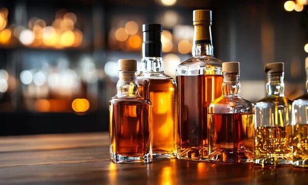 bottles of liqueur on bar on blur background