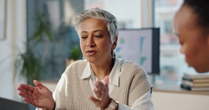 Meeting, discussion and business women with laptop for consultation, feedback or project development in office. Talking, event planner and female client for conversation, budget or explaining ideas