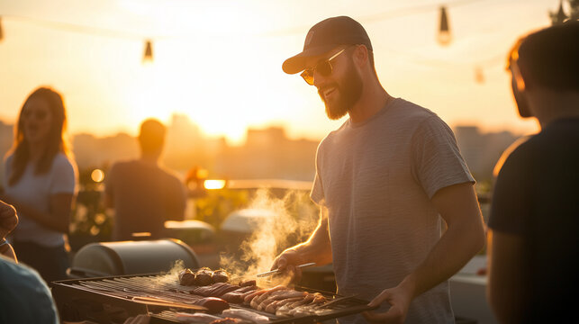 During a sunset rooftop BBQ, a man cooks meats on the grill while friends gather around, with the warm hues of the setting sun enhancing the cozy and festive atmosphere, photo