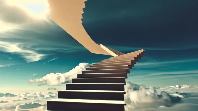 Surreal 3D staircase in the clouds with impossible angles, perfect for artistic projects, ads, and conceptual visuals.