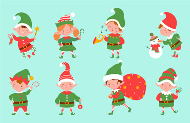 Christmas elf working. Holidays season, elves with presents box sweets musical instrument and decorations. Xmas santa characters nowaday vector clipart
