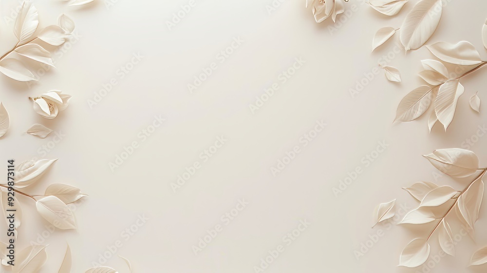 Poster delicate white leaves and petals gracefully frame a serene beige background, creating an elegant and