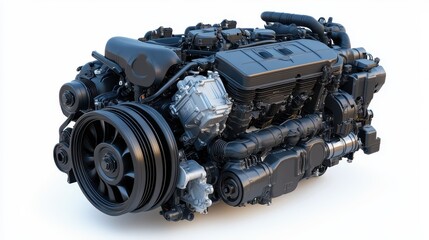 Powerful Black Diesel Engine with Complex Components and Shiny Parts