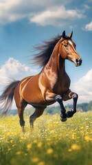 Fototapeta premium A majestic horse galloping through a vibrant meadow under a clear blue sky, embodying freedom and grace.