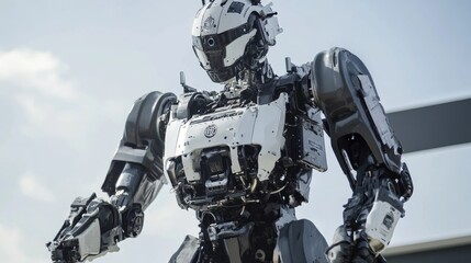 Fototapeta premium Giant Robot Standing Against a Cloudy Sky