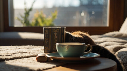 Immersed in a Novel with Tea and a Sleeping Cat