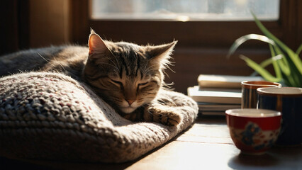Immersed in a Novel with Tea and a Sleeping Cat