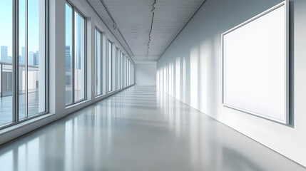 Obraz premium Modern art gallery with large windows and empty space for exhibits.