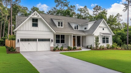 A white farmhouse with a gray roof, a two-car garage, a concrete driveway, and a lush green lawn.