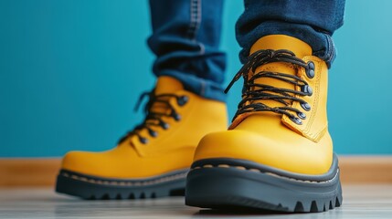 Closeup of Yellow Leather Boots with Black Laces and a Blue Background