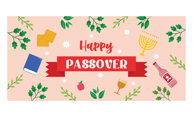 Easter greeting card template banner. Pesach poster with matzo, wine bottle, candles, books, spring flowers. flat vector modern illustration