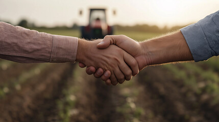 Close-up of a handshake between a farmer and a businessman, with a tractor and a field in the background, suggesting a partnership or agreement that may involve agriculture or farming business.