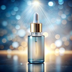  Sleek Elegant Cosmetic Bottle for Massage against Calming Blue Bokeh Background. Concept: Luxury, Spa, Serenity