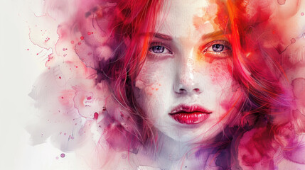 Fototapeta premium A woman with red hair gazes intensely, surrounded by colorful watercolor splashes