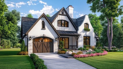 Fototapeta premium A charming white farmhouse with a stone driveway and a lush green lawn.