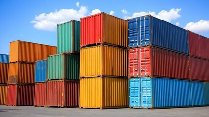 Stack of Colorful Shipping Containers Against a Blue Sky