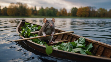 A Rat Sailing Across the River in a Natural Boat