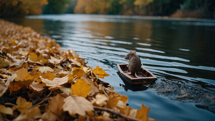 A Rat Sailing Across the River in a Natural Boat