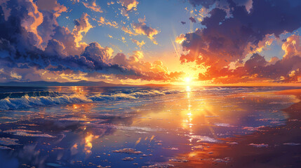 Sunset Over a Serene Coastal Landscape with Golden Clouds and Waves