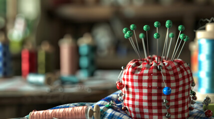 A vibrant sewing kit featuring a classic pin cushion adorned with green pins. The background showcases colorful spools of thread. This image highlights creativity and craftsmanship. AI