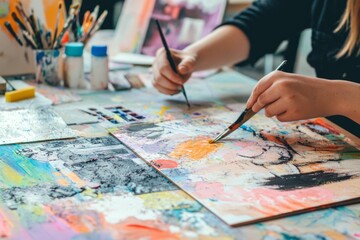 A creative workshop with individuals working on mixed media art projects, surrounded by art supplies and inspiration boards