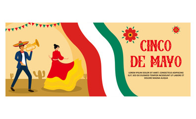 Mexican Cinco de mayo holiday paper cut banner with female dancers and mariachi musicians. flat vector modern illustration
