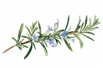 Obraz premium A botanical illustration of a rosemary plant, highlighting its needle-like leaves and small, blue flowers.