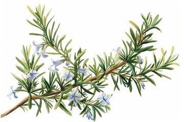 Obraz premium A botanical illustration of a rosemary plant, highlighting its needle-like leaves and small, blue flowers.
