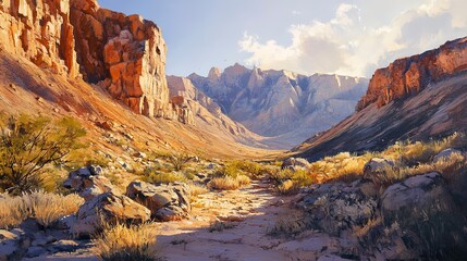 Naklejka premium Rocky desert mountains in golden afternoon light